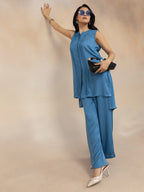 Blue Solid Sleeveless Kurta & Wide-Leg Palazzos Co-ord Set