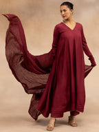 Women Maroon Solid Zari Embroidered Anarkali Dress with Crushed Dupatta