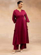 Women Magenta Cotton Dobby Kurta Set with Waist Tie-Up