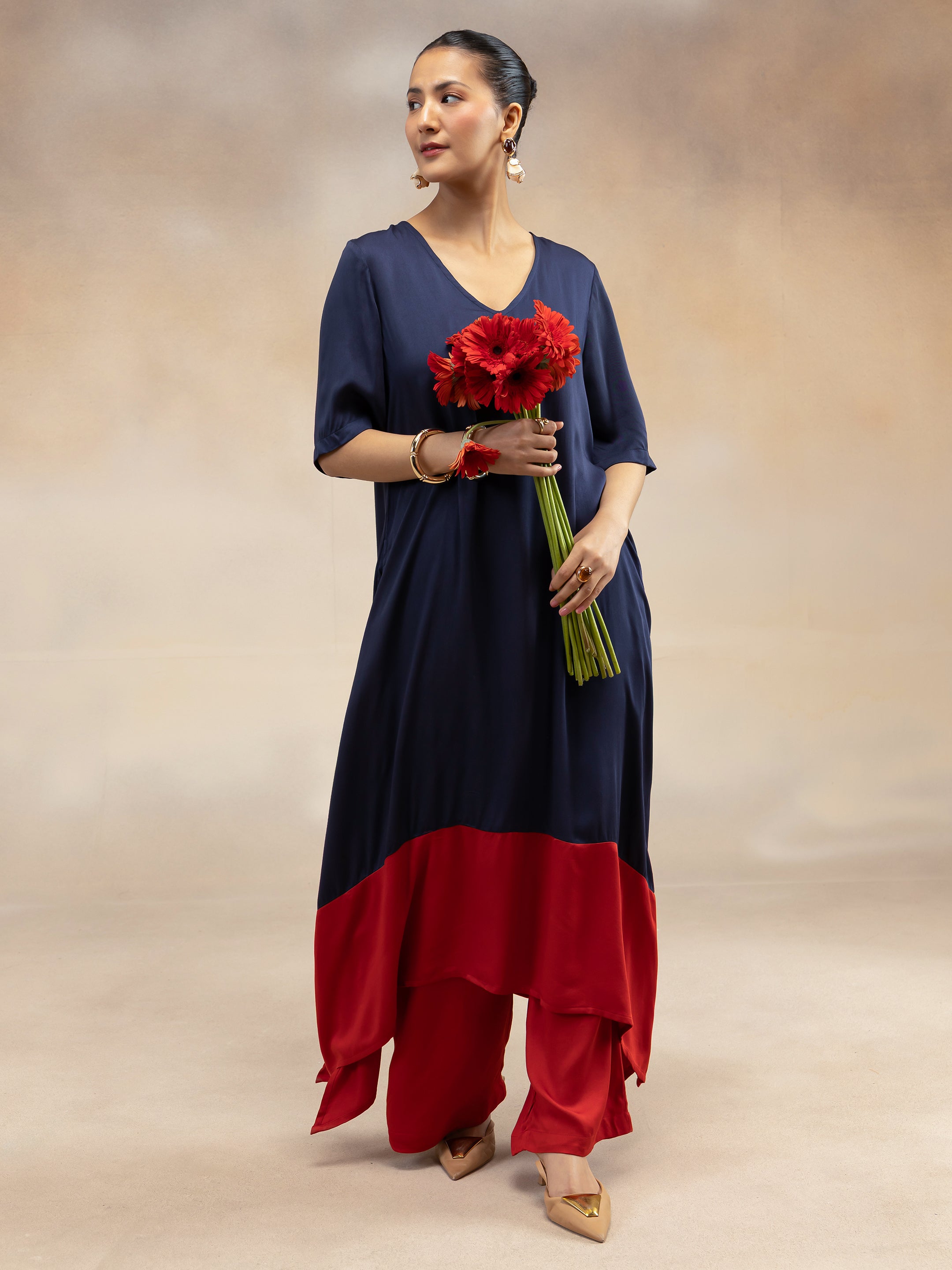 Navy Luxe Colorblock A-Line Kurta Set