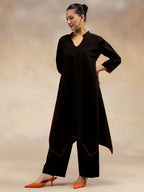Women Black Contrast-Trim Cotton Slub Kurta Set