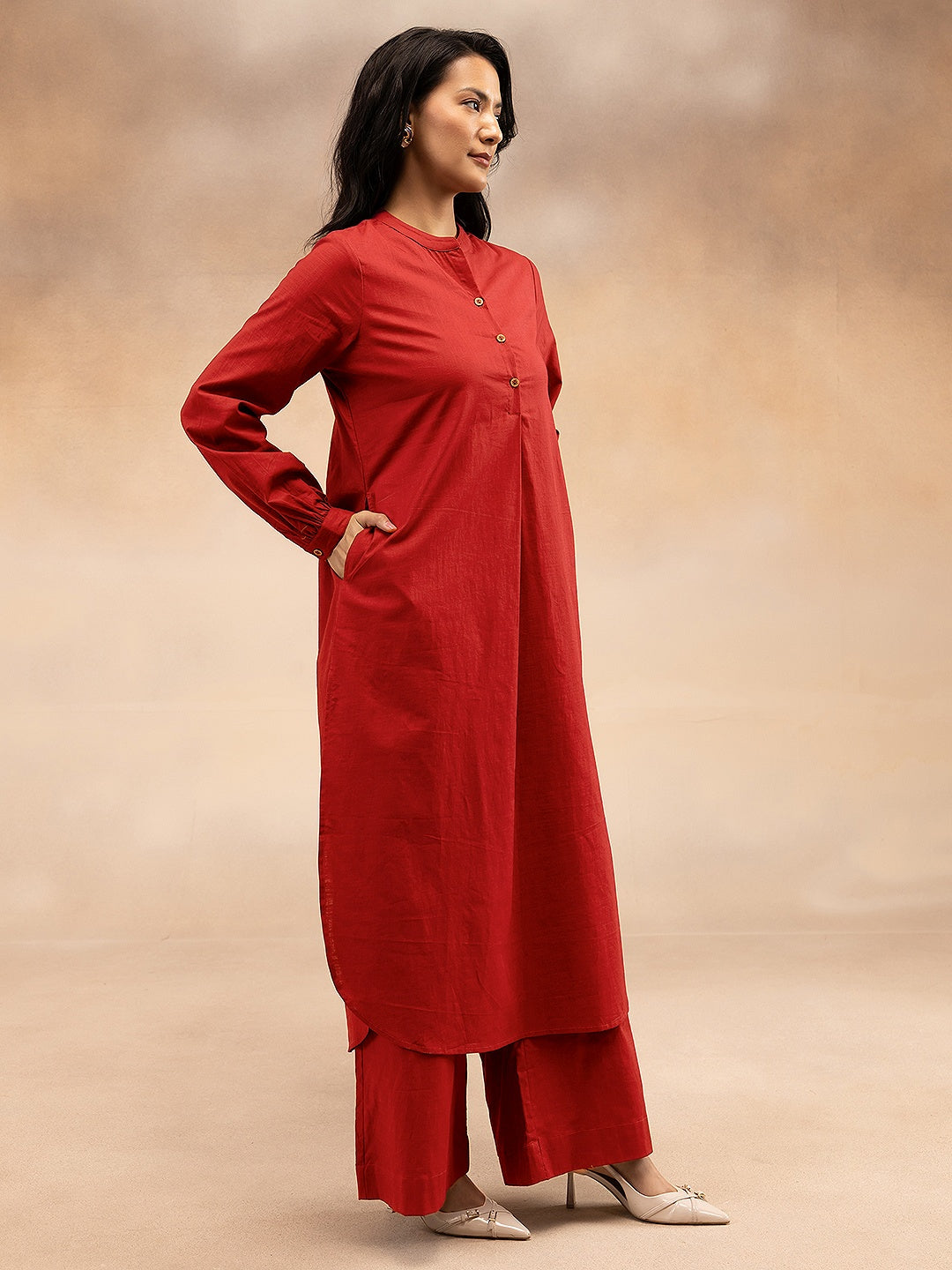 Women Red Cotton Slub Pleated Kurta
