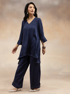 Women Navy Solid  Modal Contrast Stitch High-Low Co-Ord Set