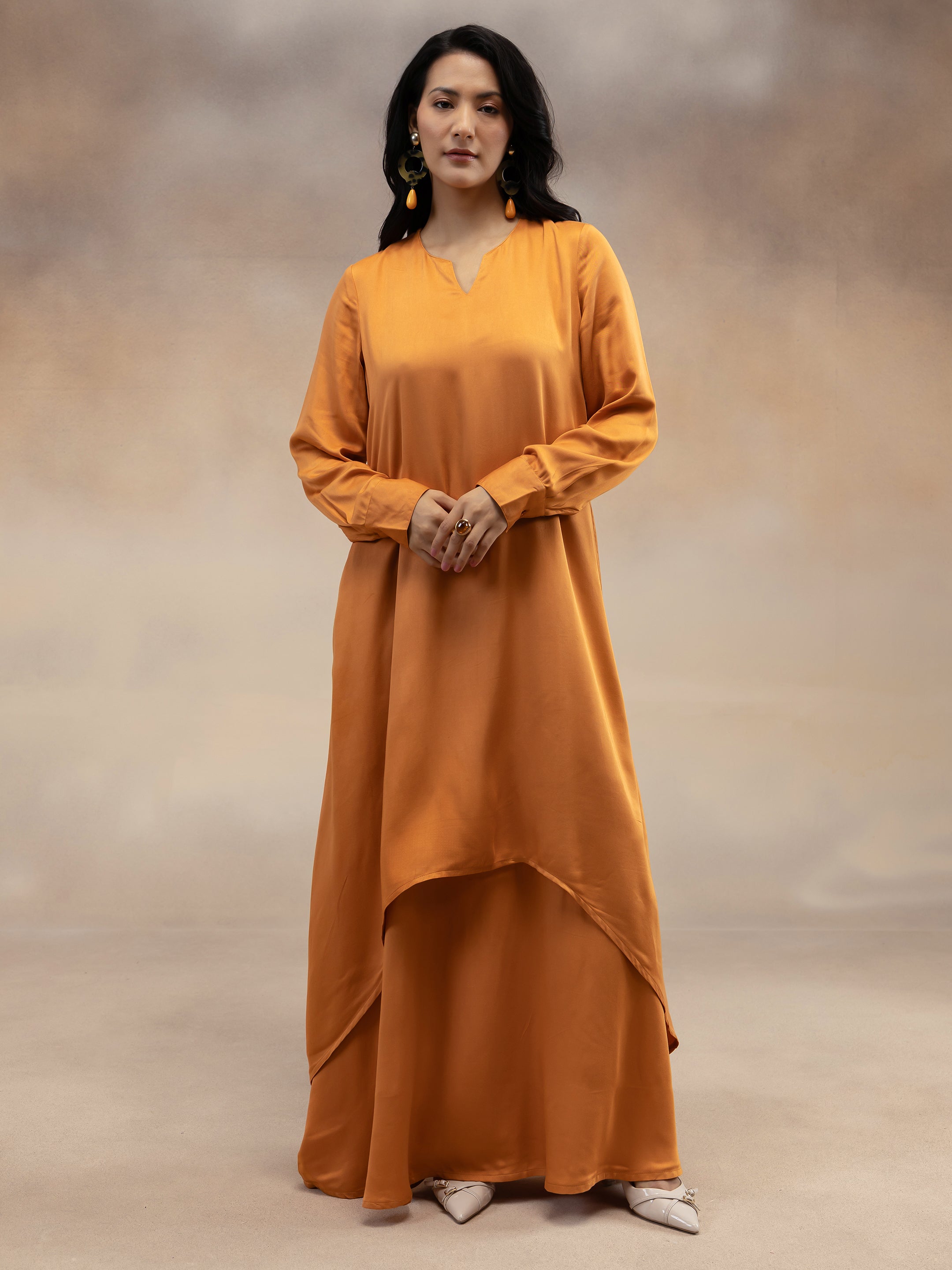 Women Rust Solid Modal Layered Maxi Dress