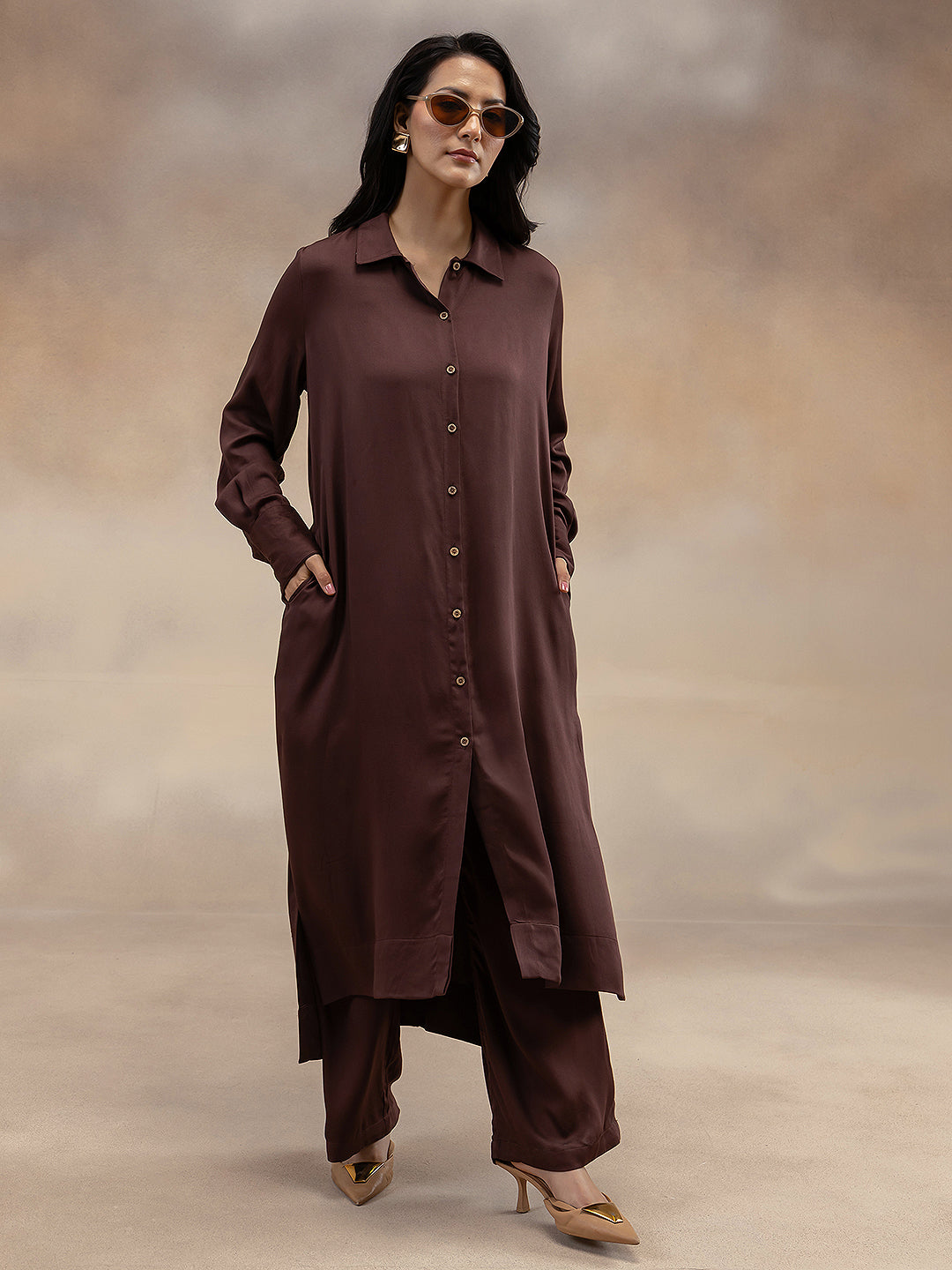 Women Brown Modal Shirt-Style Kurta