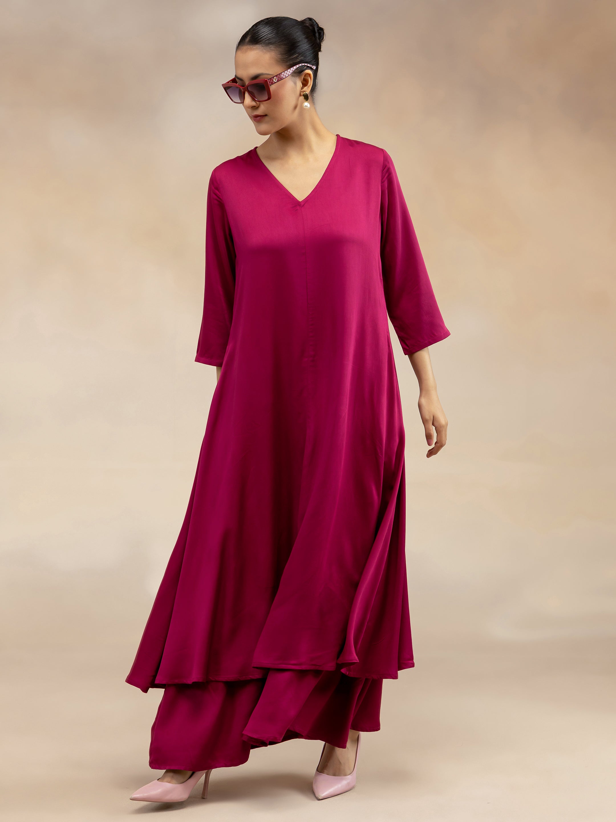 Women Magenta Pink Solid  Modal Layered Maxi Dress