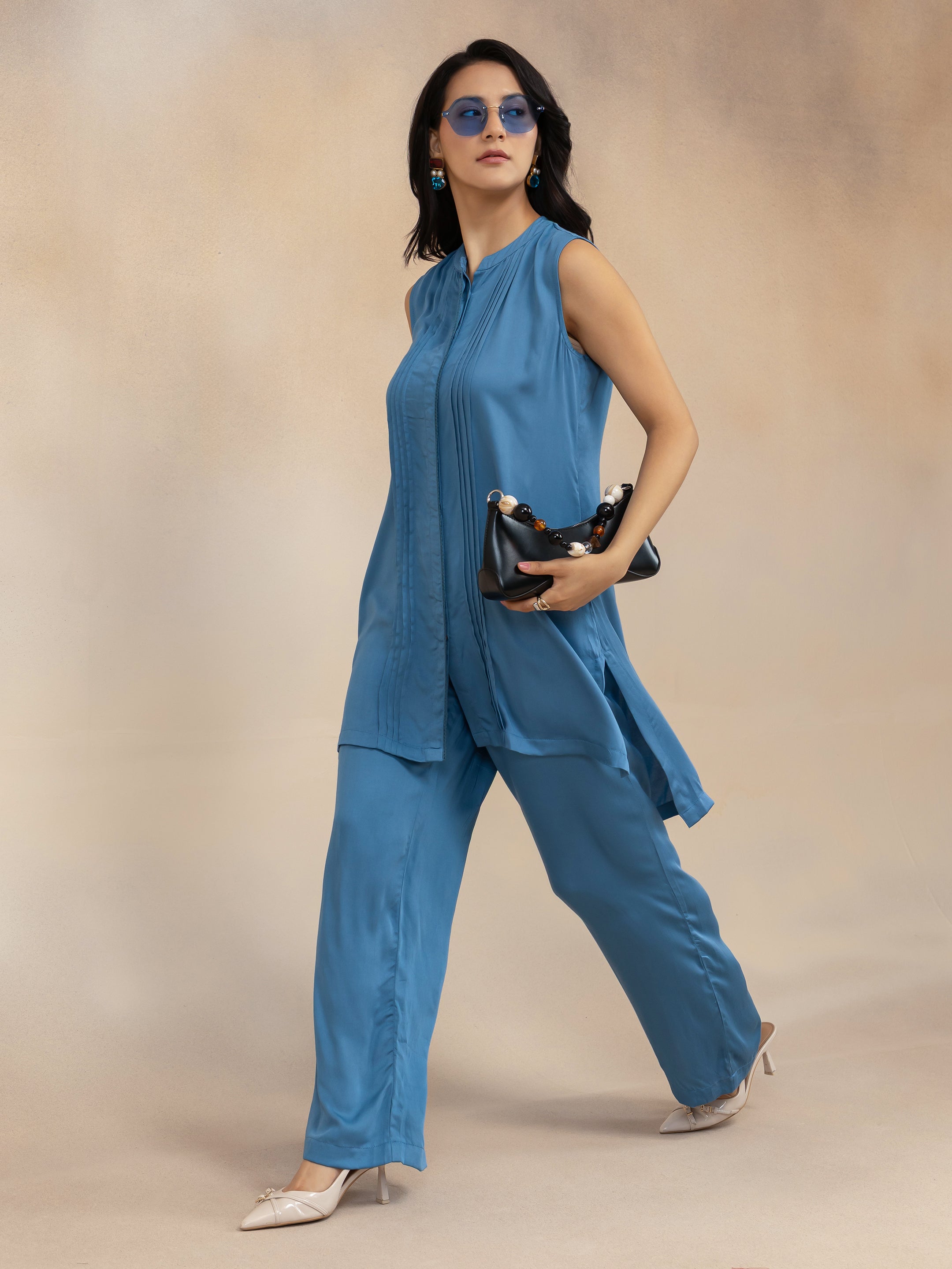 Blue Solid Sleeveless Kurta & Wide-Leg Palazzos Co-ord Set