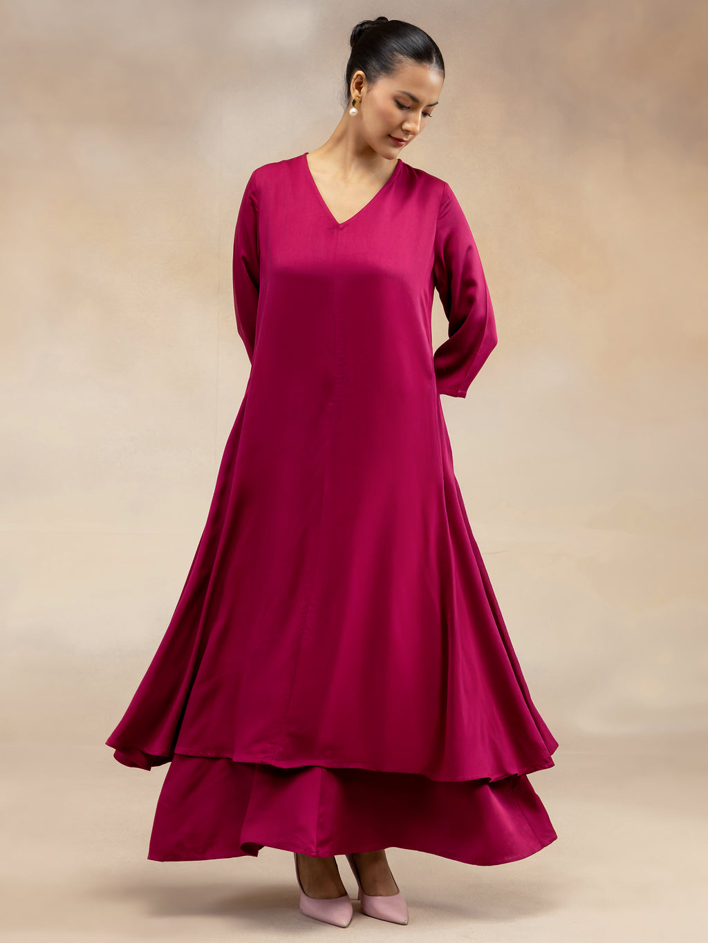 Women Magenta Pink Solid  Modal Layered Maxi Dress