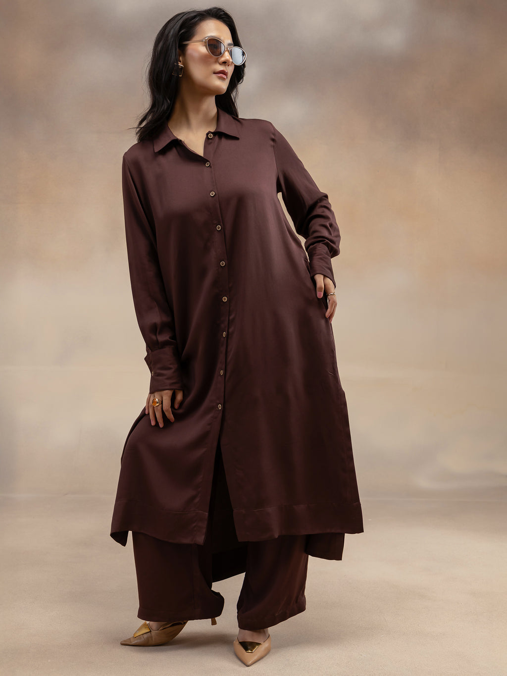 Women Brown Modal Shirt-Style Kurta Set