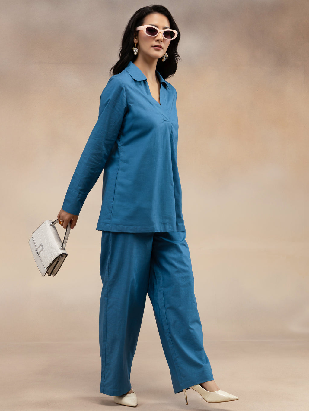 Women Slate Blue Solid Cotton Slub Kurta Co-Ord Set
