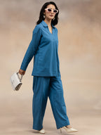 Women Slate Blue Solid Cotton Slub Kurta Co-Ord Set