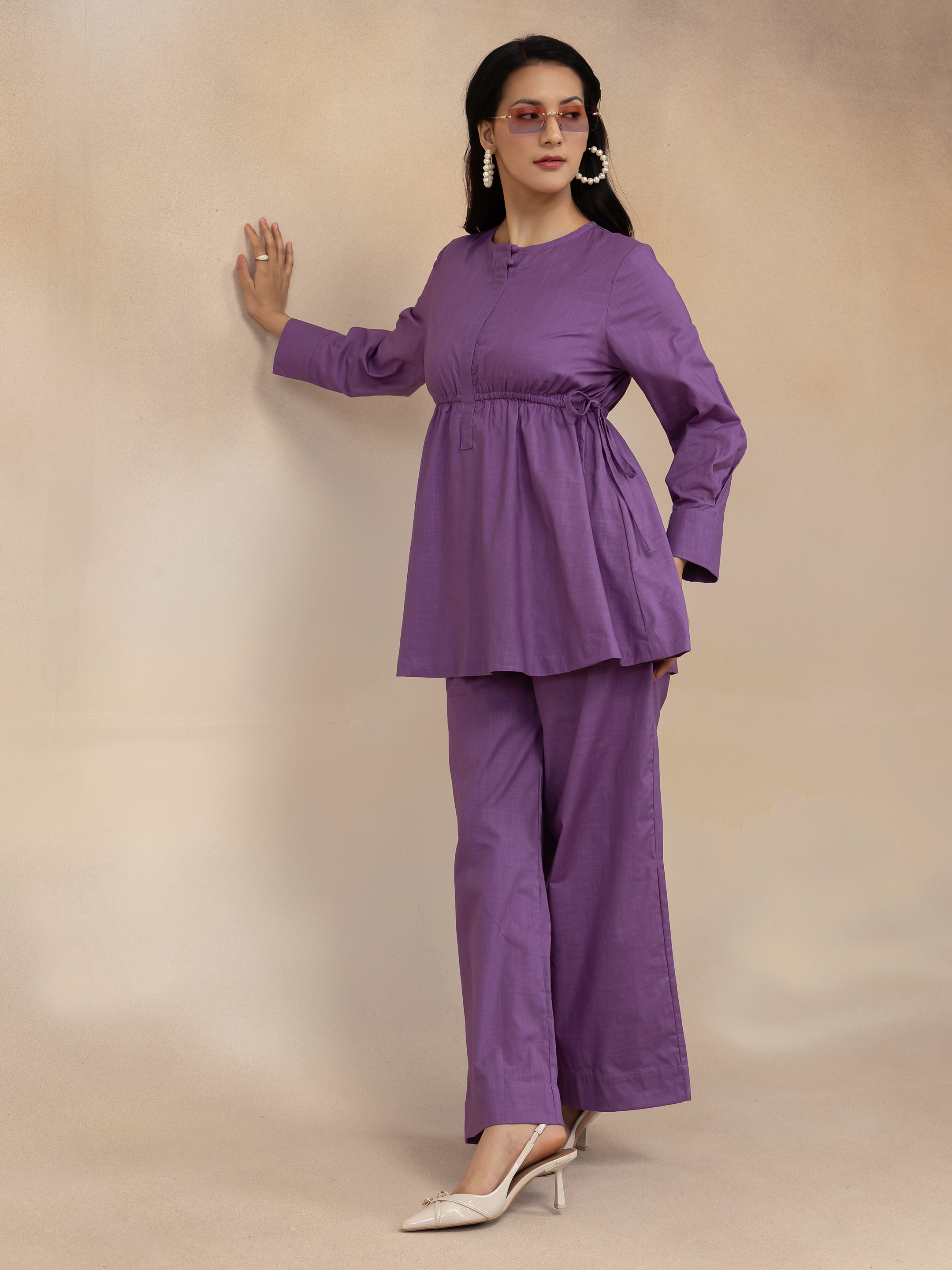 Women  Purple Solid Cotton Slub Gathered Tunic Co-Ord Set