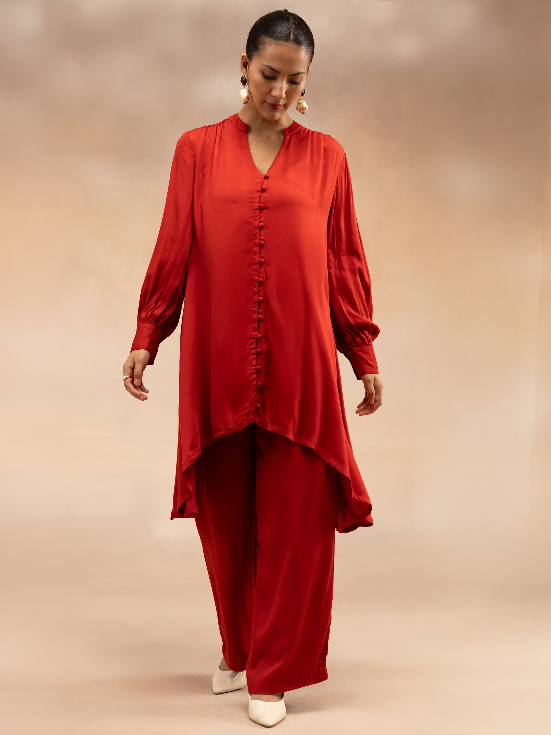 Women Red Modal Asymmetric Hem Kurta Set
