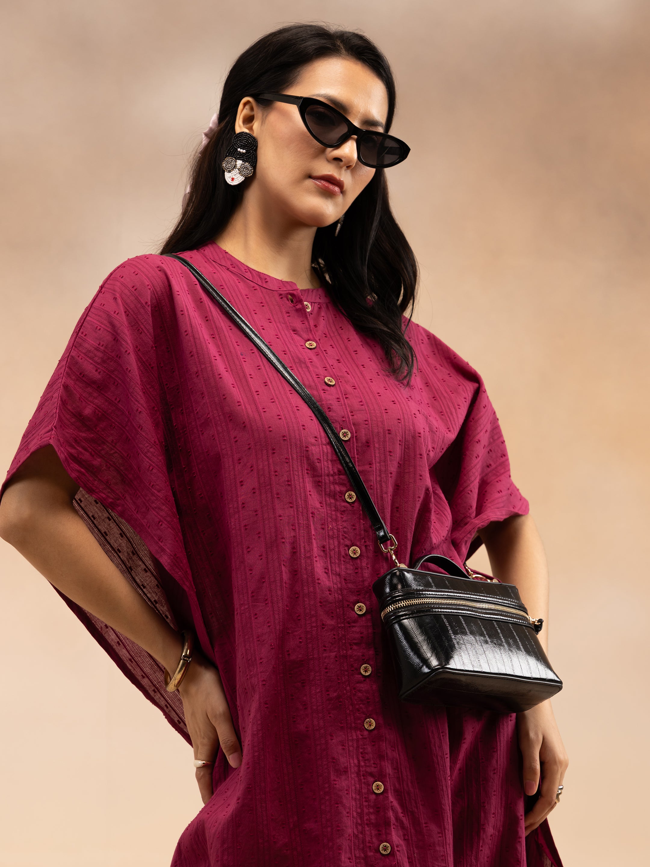 Women Magenta Cotton Dobby Kaftan Kurta Set