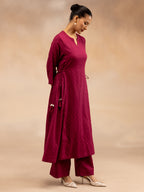 Women Magenta Cotton Dobby Kurta Set with Waist Tie-Up