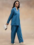 Women Slate Blue Solid Cotton Slub Kurta Co-Ord Set