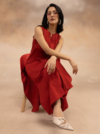 Women Red Cotton Slub Straight Kurta Set