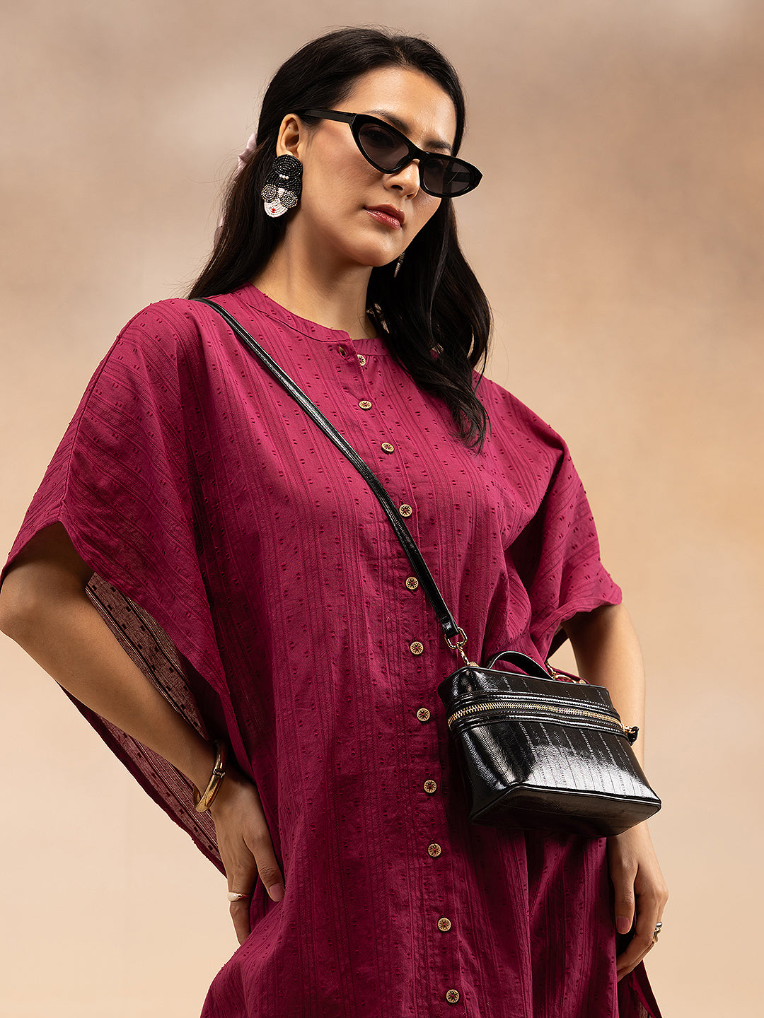 Women Magenta Cotton Dobby Kaftan