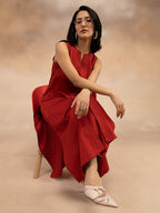 Women Red Cotton Slub Straight Kurta