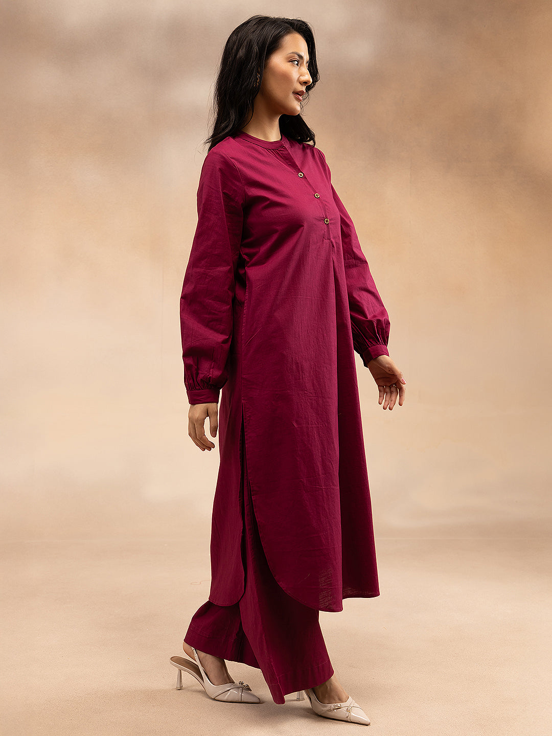 Women Magenta Cotton Slub Pleated Kurta