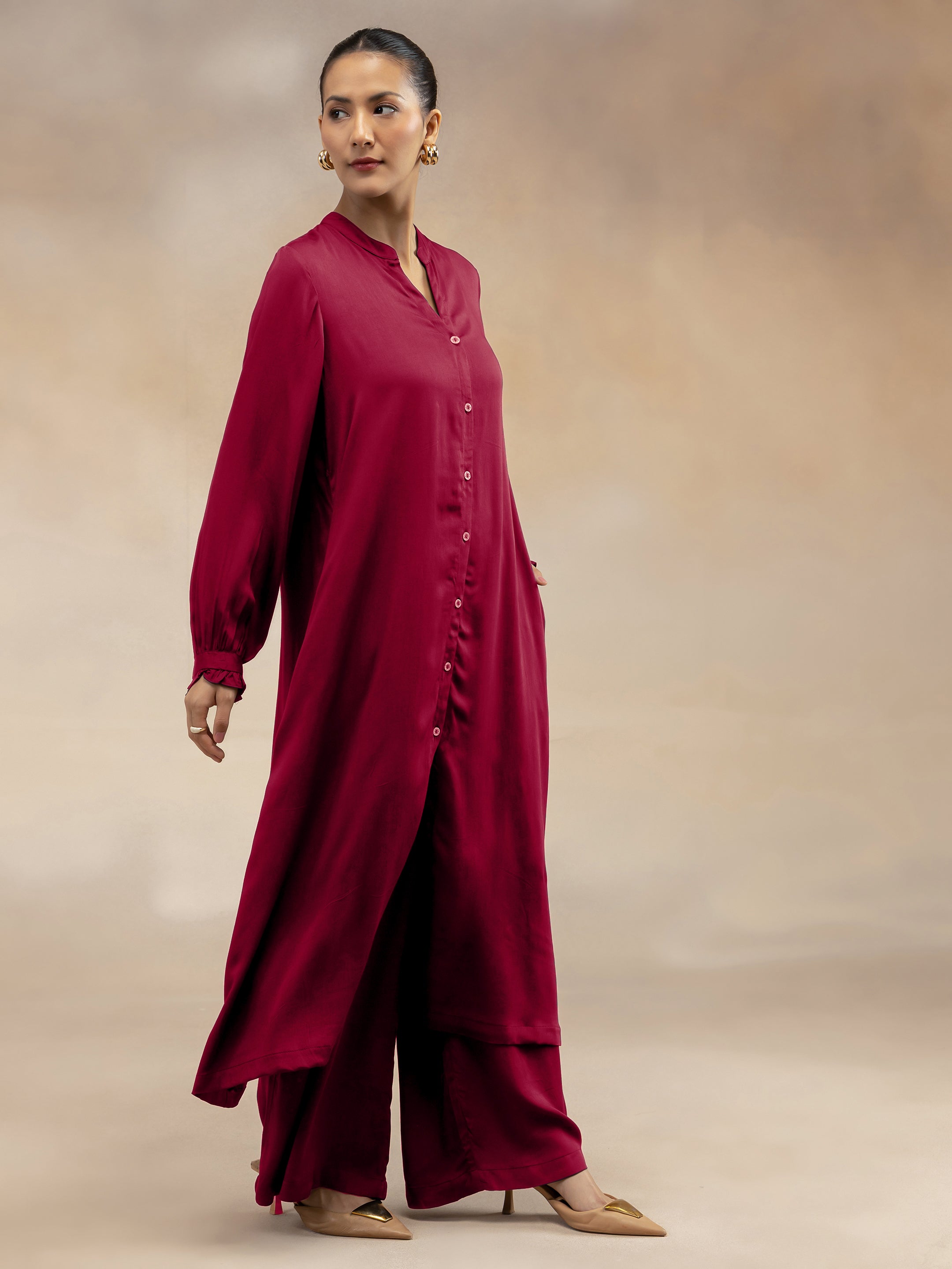 Women Magenta Modal Button-Down Kurta Set
