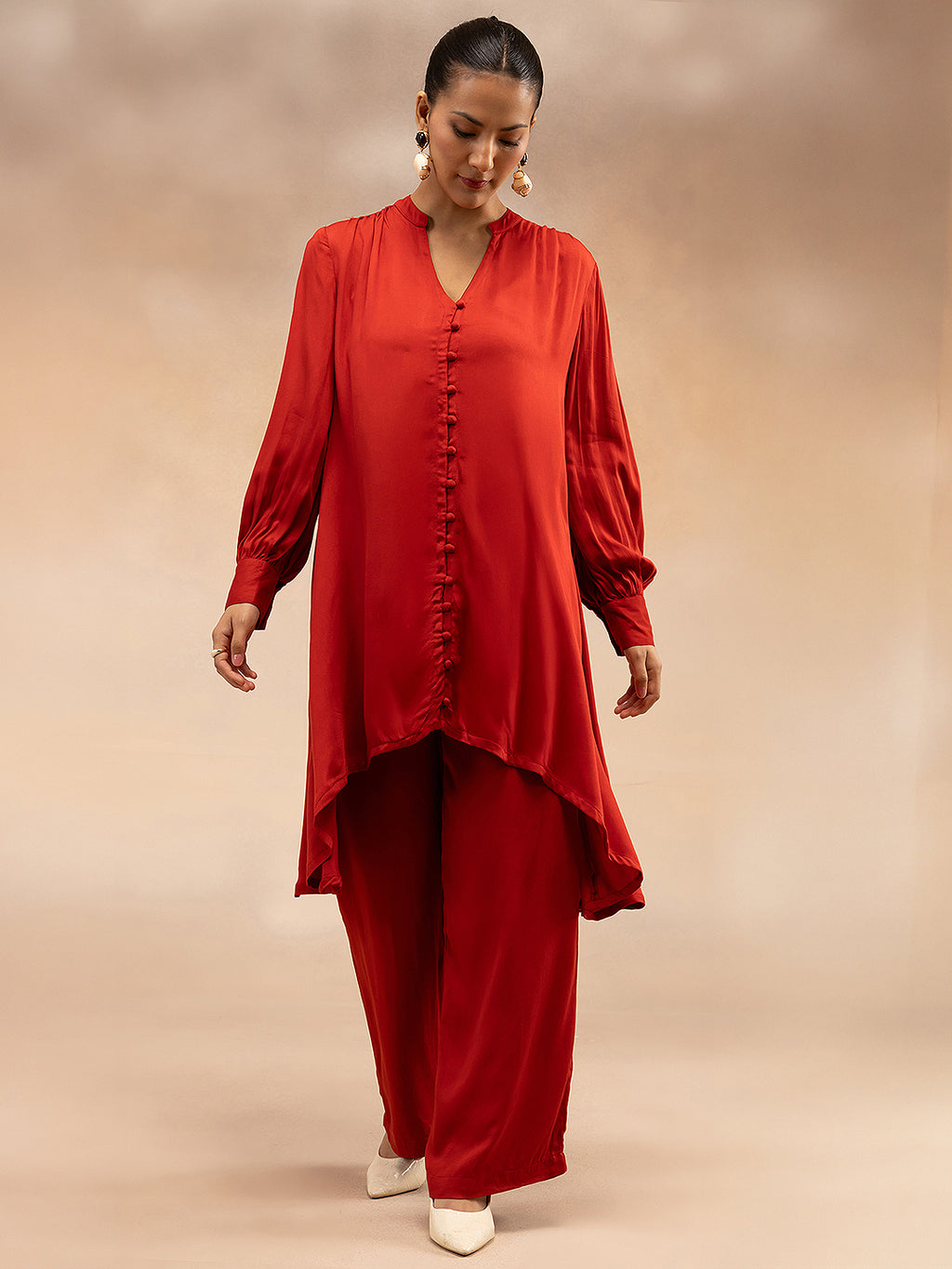 Women Red Modal Asymmetric Hem Kurta