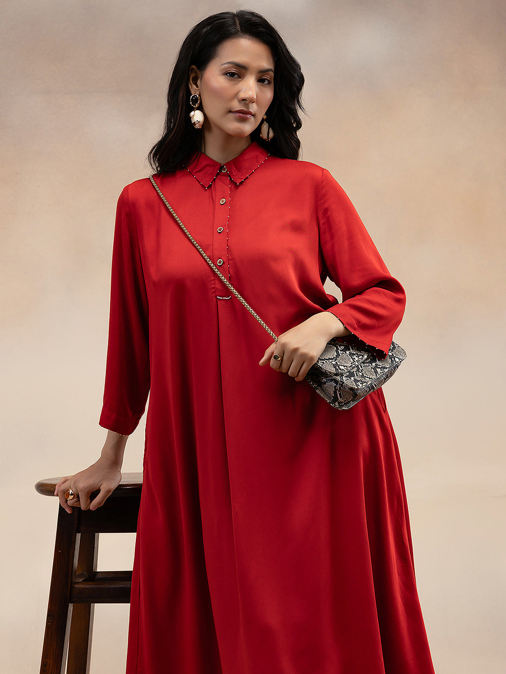 Women Red Modal Kurta with Bead Embellishment