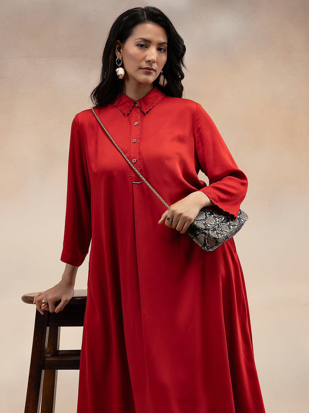 Women Red Modal Kurta with Bead Embellishment