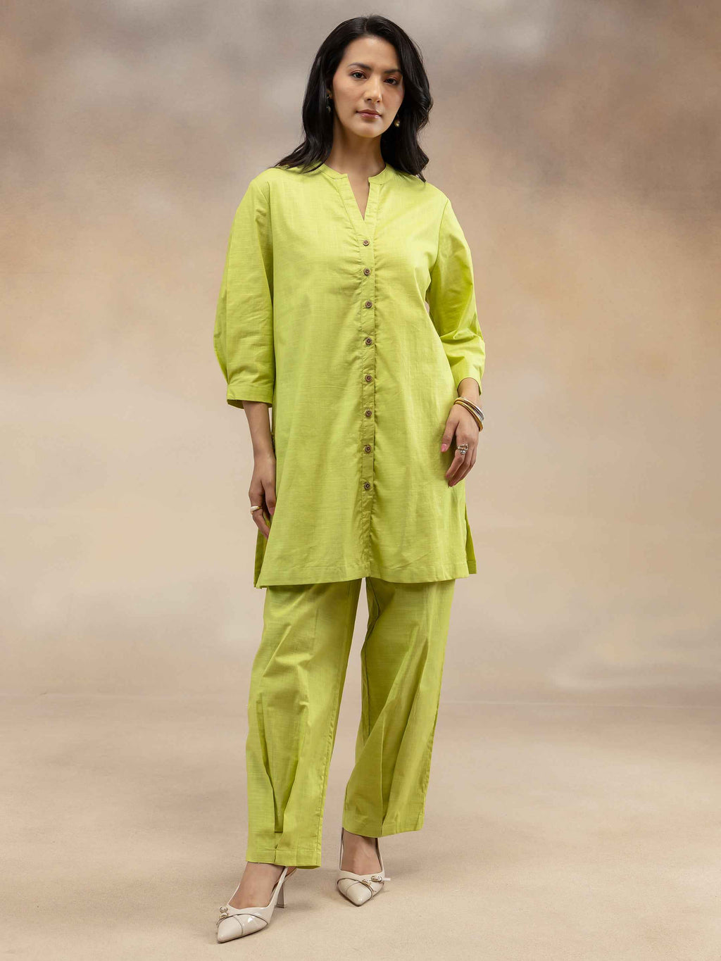 Women Lime Green Solid Cotton Slub Kurta Co-Ord Set