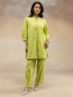 Women Lime Green Solid Cotton Slub Kurta Co-Ord Set