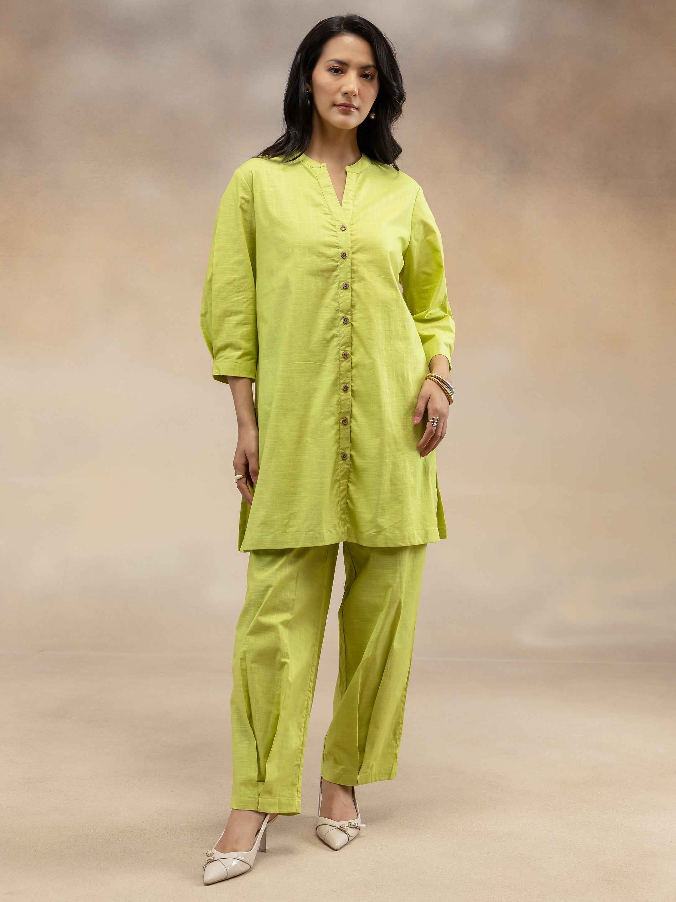 Women Lime Green Solid Cotton Slub Kurta Co-Ord Set