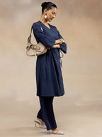 Women Navy Cotton Dobby Angrakha Kurta