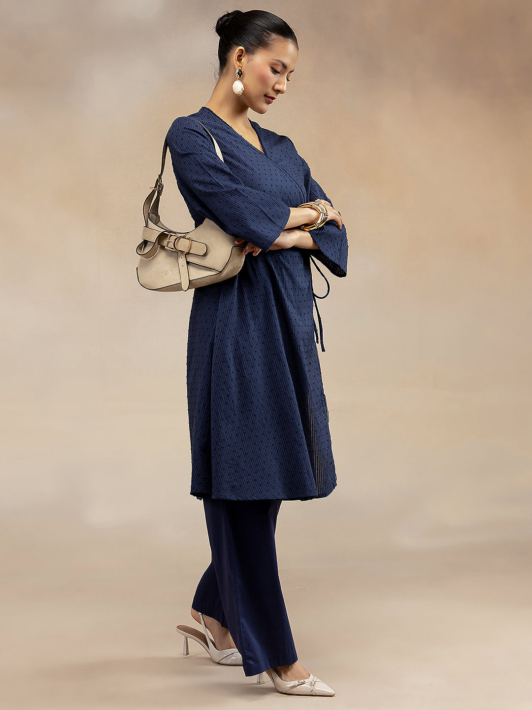 Women Navy Cotton Dobby Angrakha Kurta