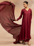 Women Maroon Solid Zari Embroidered Anarkali Dress with Crushed Dupatta