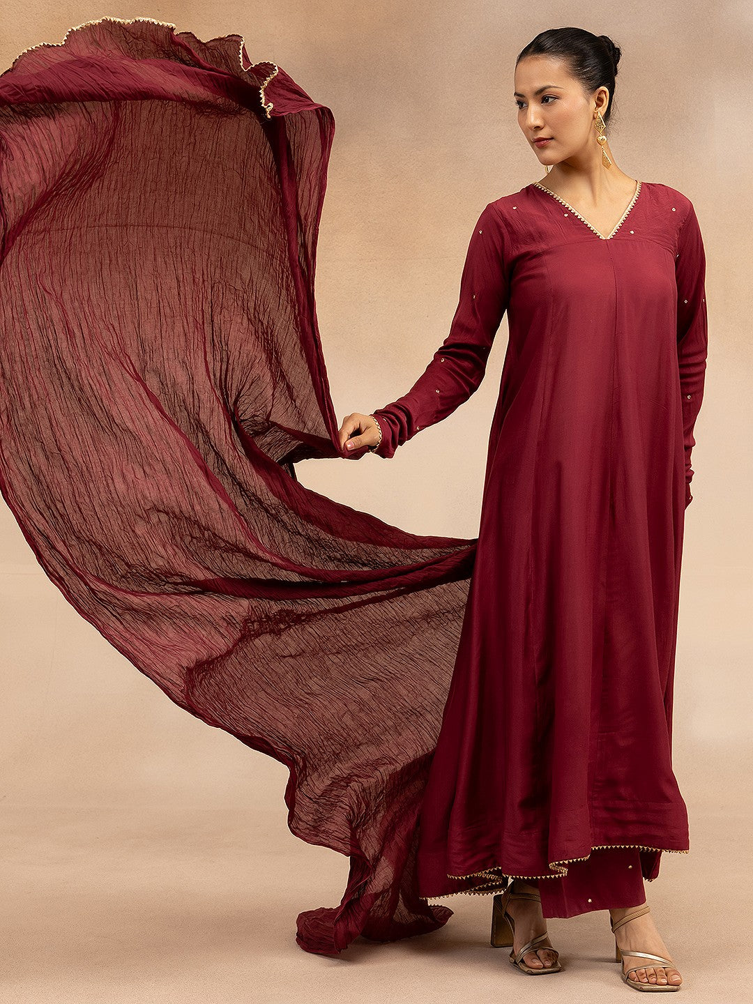 Women Maroon Solid Zari Embroidered Anarkali Dress with Crushed Dupatta