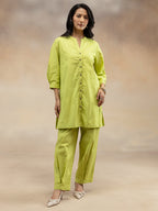 Women Lime Green Solid Cotton Slub Kurta