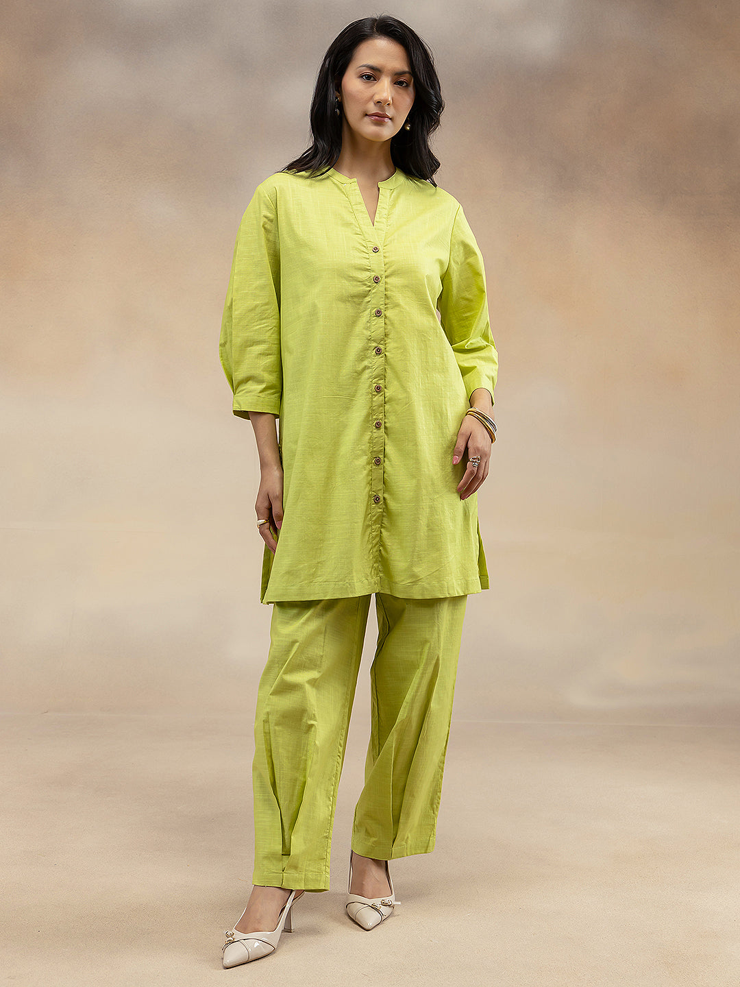 Women Lime Green Solid Cotton Slub Kurta