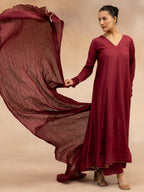 Women Maroon Solid Zari Embroidered Anarkali Dress with Crushed Dupatta