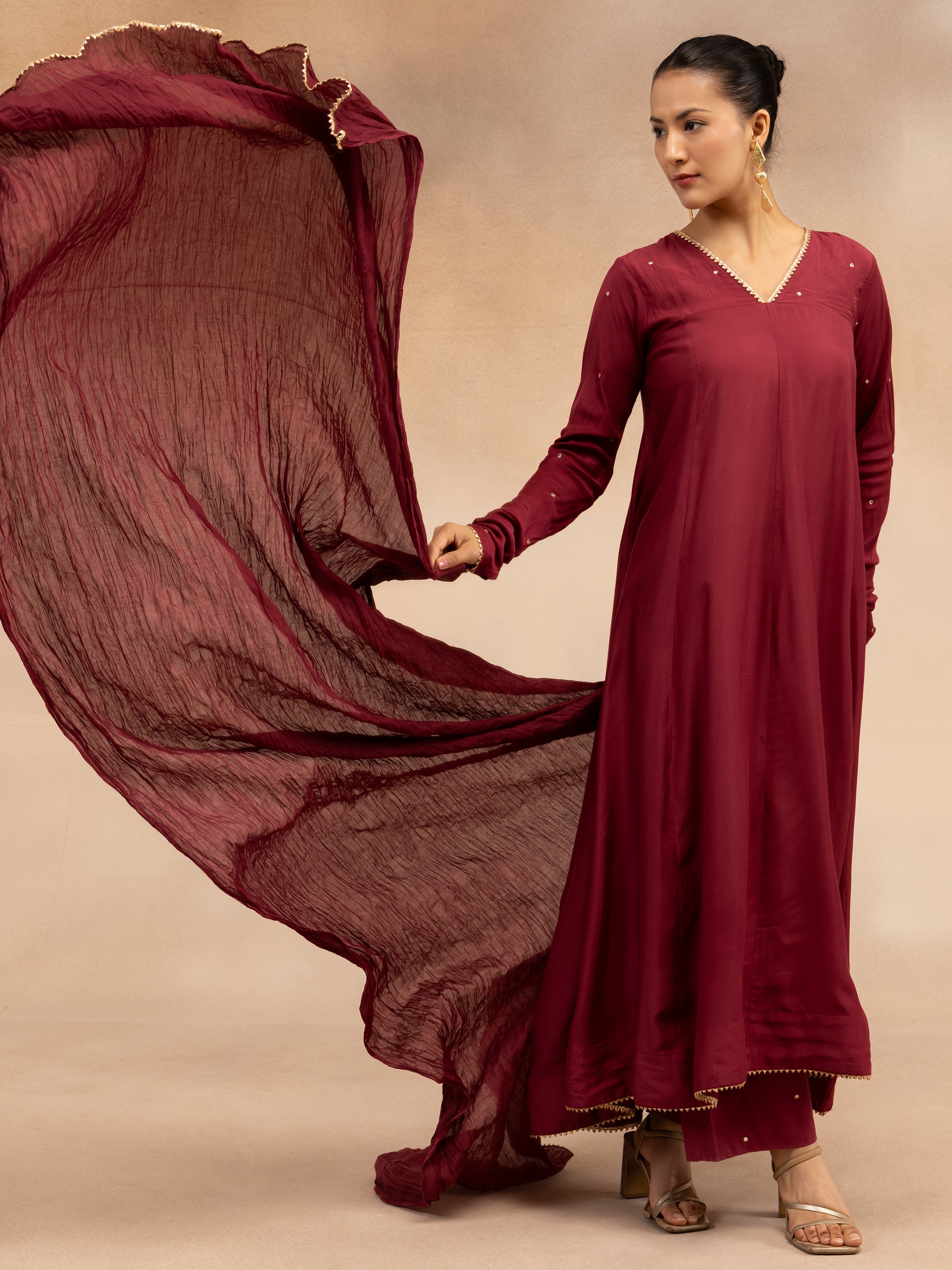 Women Maroon Solid Zari Embroidered Anarkali Dress with Crushed Dupatta