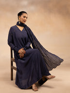 Women Navy Solid Zari Embroidered Anarkali Dress with Crushed Dupatta