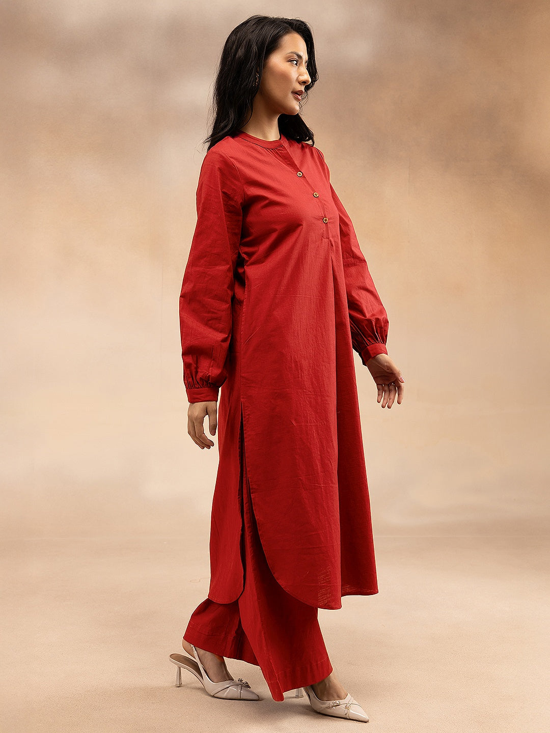 Women Red Cotton Slub Pleated Kurta
