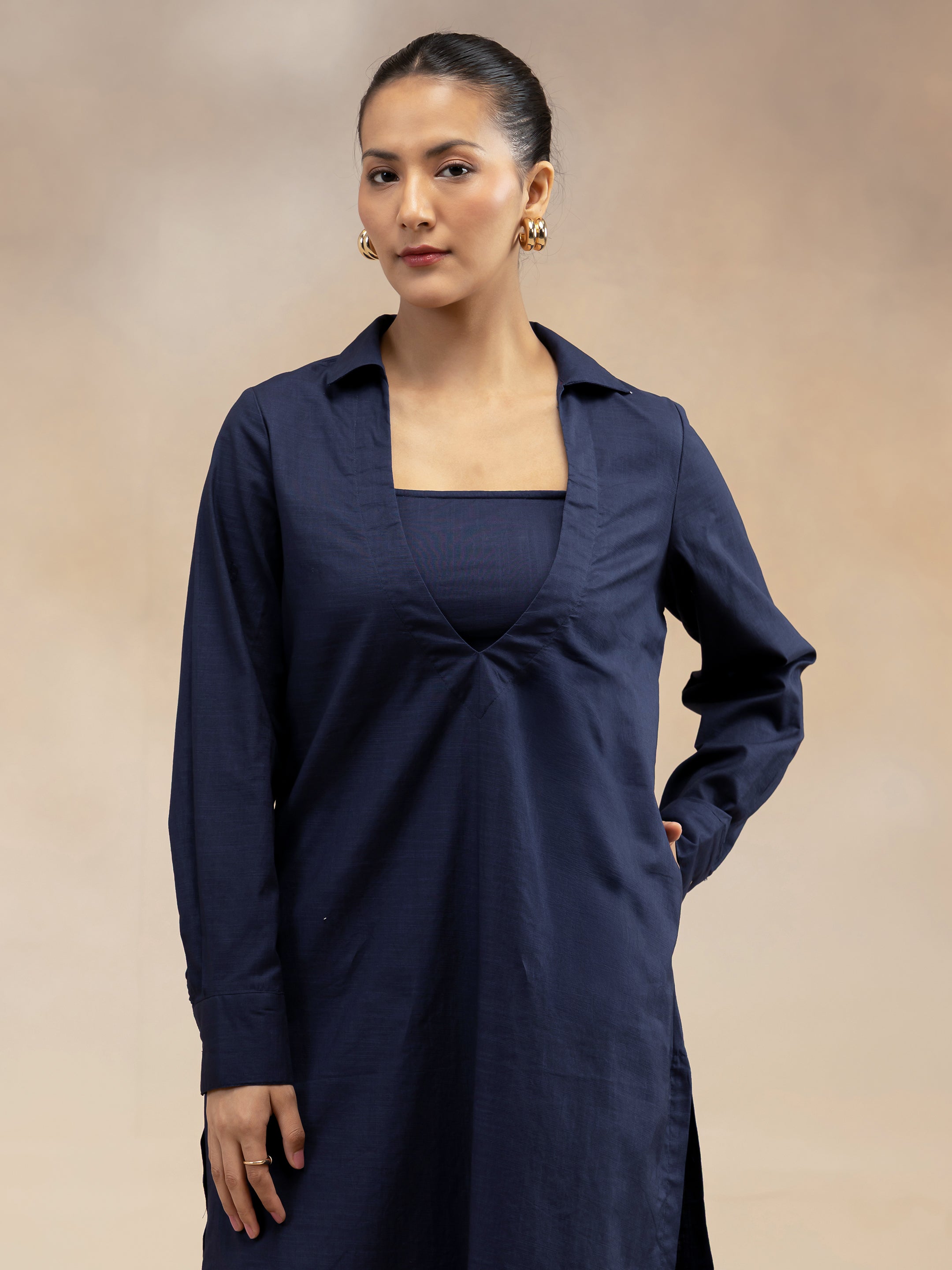 Women Navy Cotton Slub 3-Piece Kurta Set