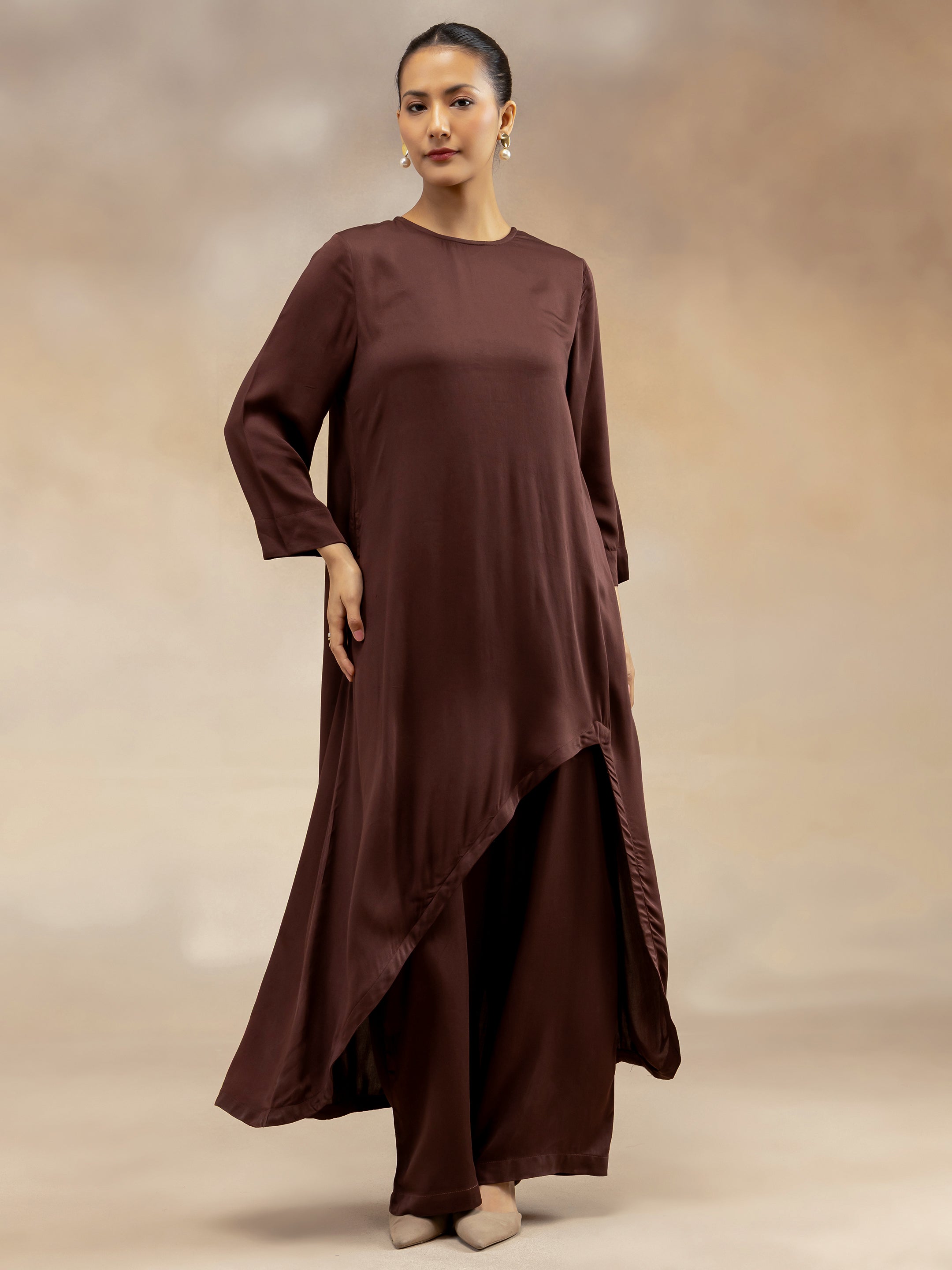 Women Brown Modal Asymmetric-Cut Kurta Set