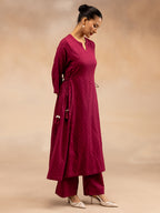 Women Magenta Cotton Dobby Kurta with Waist Tie-Up