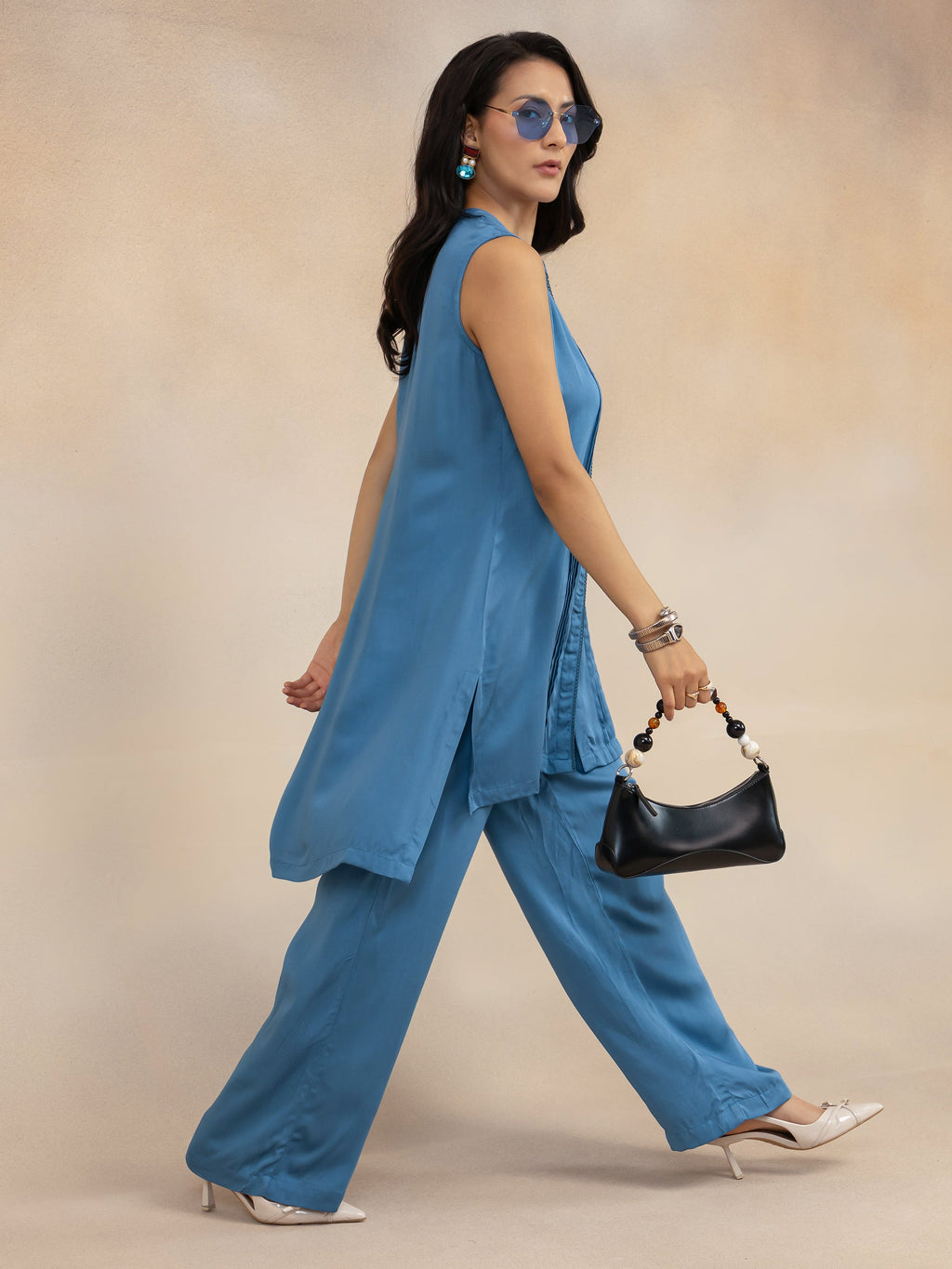 Blue Solid Sleeveless Kurta & Wide-Leg Palazzos Co-ord Set