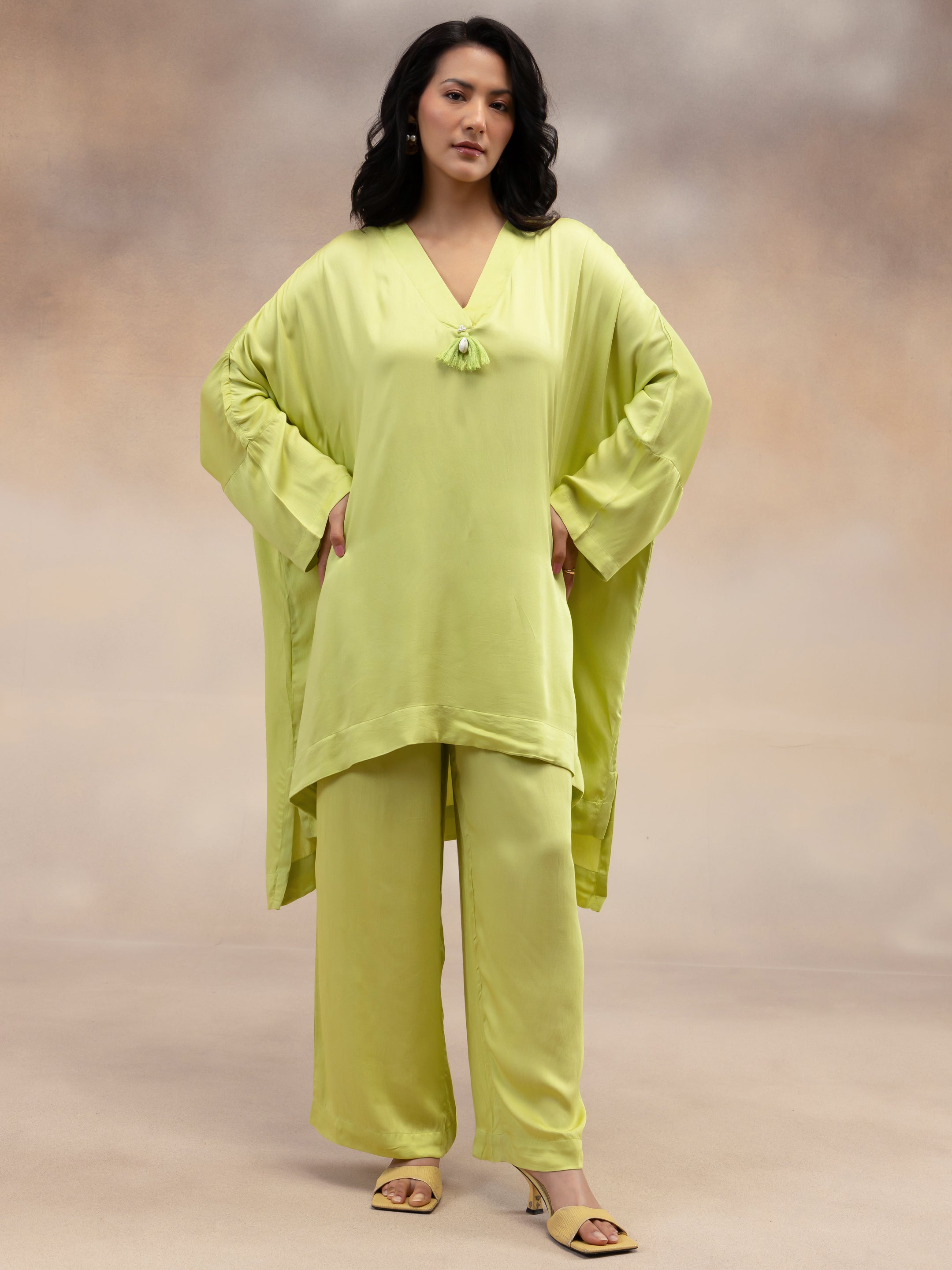 Women Lime Green Kaftan-Style Kurta & Palazzos Co-ord Set