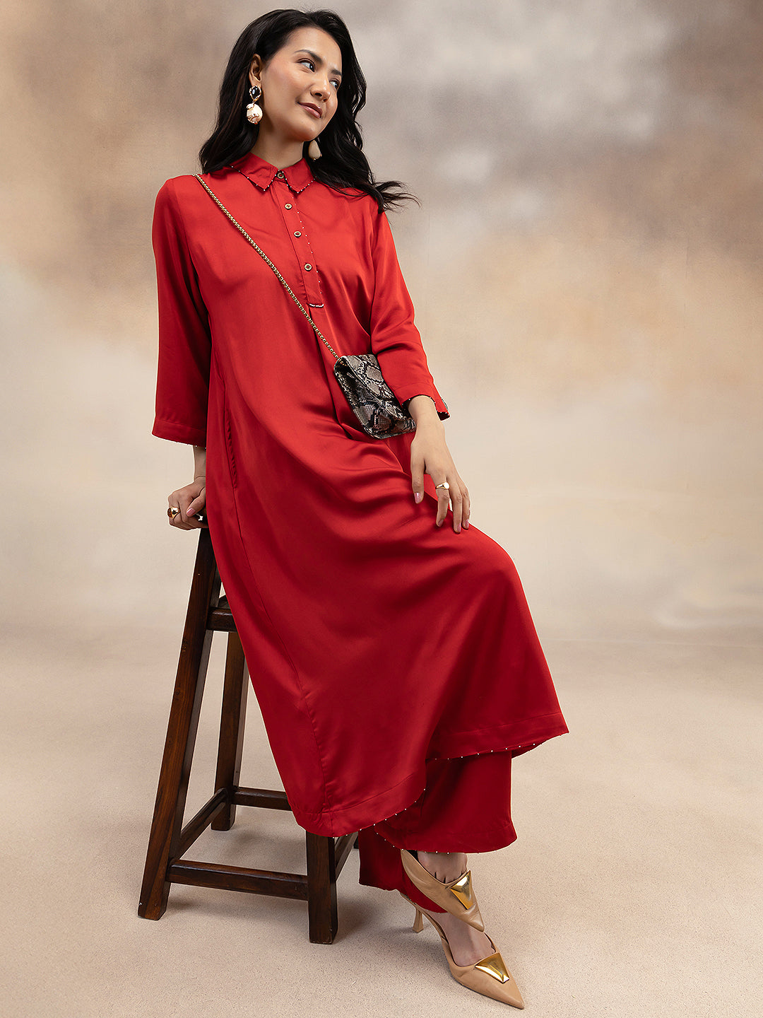 Women Red Modal Kurta with Bead Embellishment