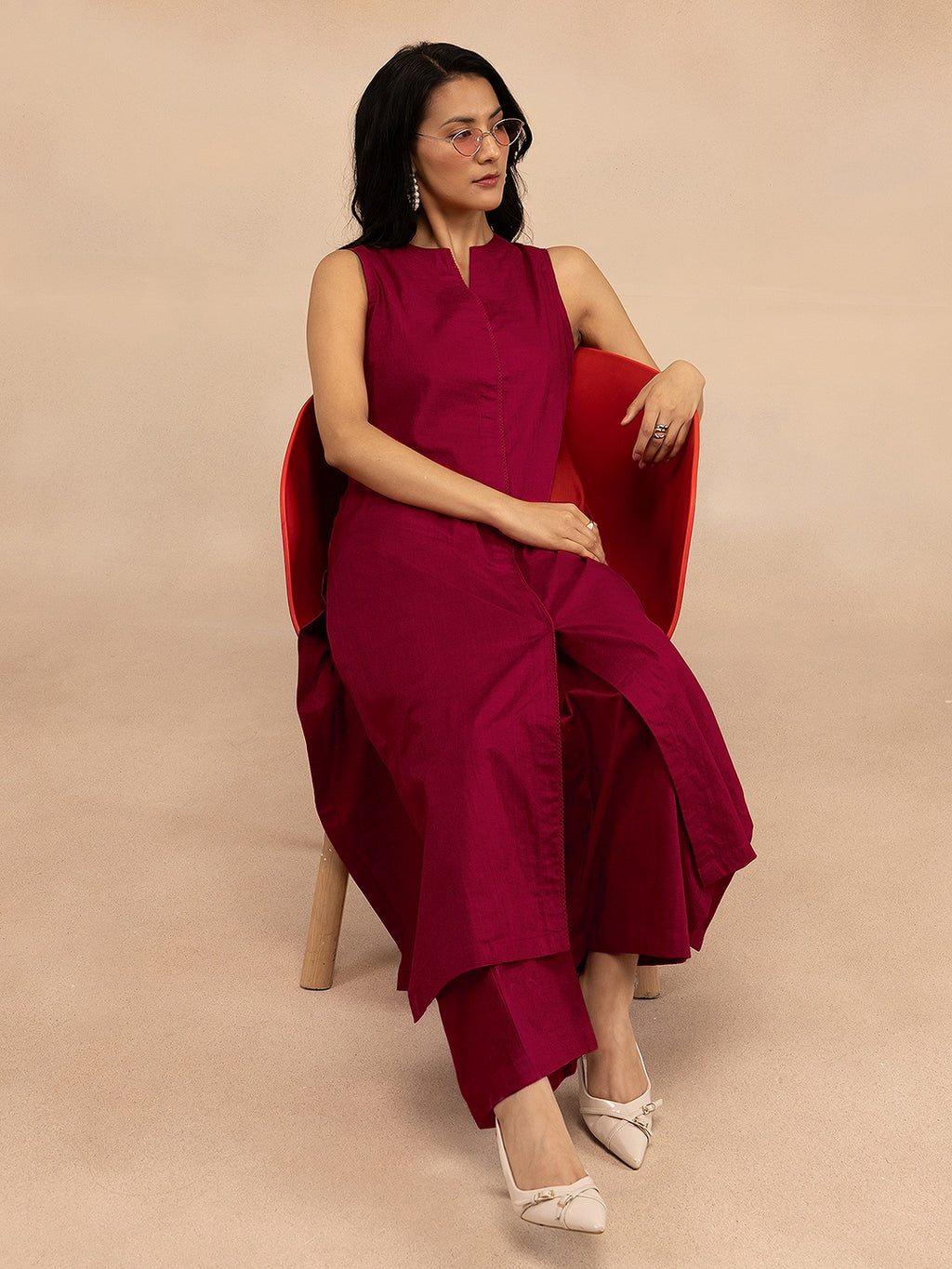 Women Magenta Pink Cotton Slub Straight Kurta