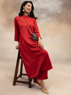 Women Red Modal Kurta Set with Bead Embellishment