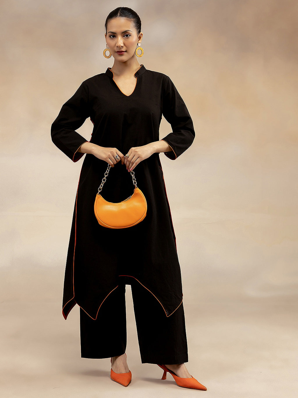 Women Black Contrast-Trim Cotton Slub Kurta Set